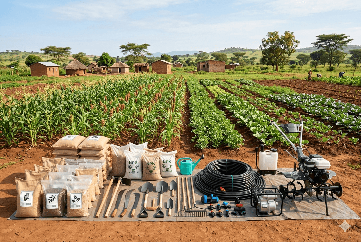 Agricultural tools and inputs representing farming support services