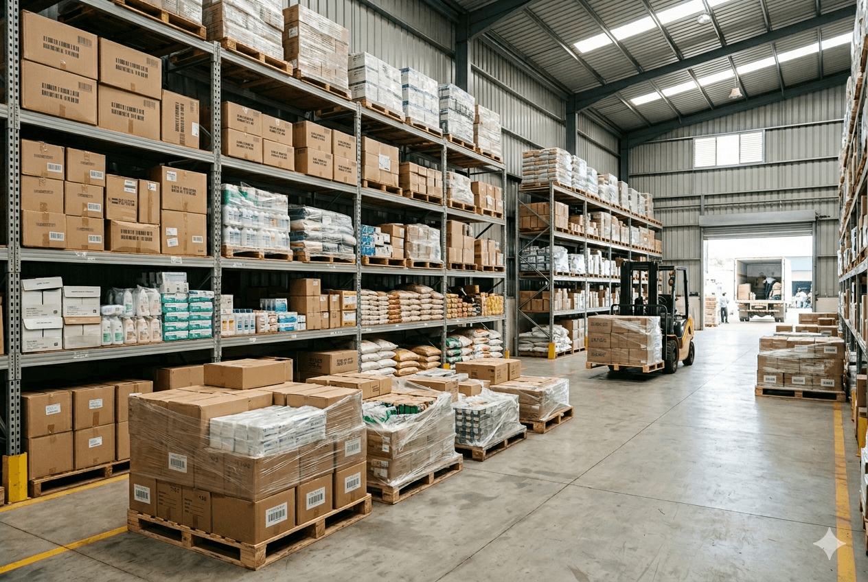 Organized warehouse supplies representing general supply services